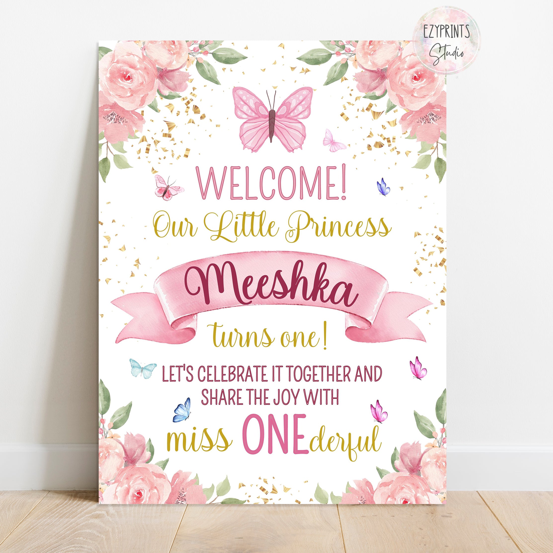 Pink Butterfly Flowers Theme Birthday Party Welcome Board