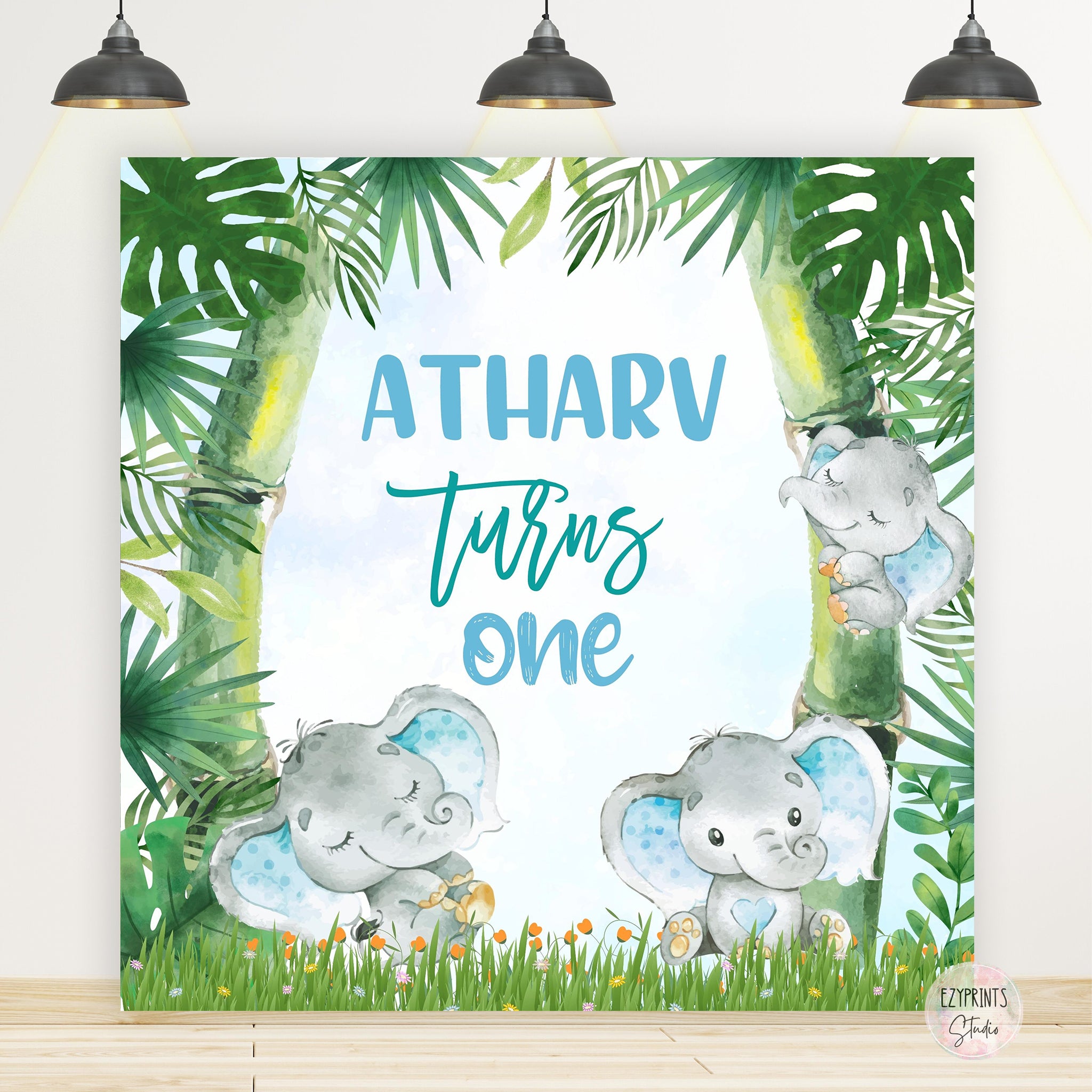 Baby Elephant Theme Birthday Backdrop Banner