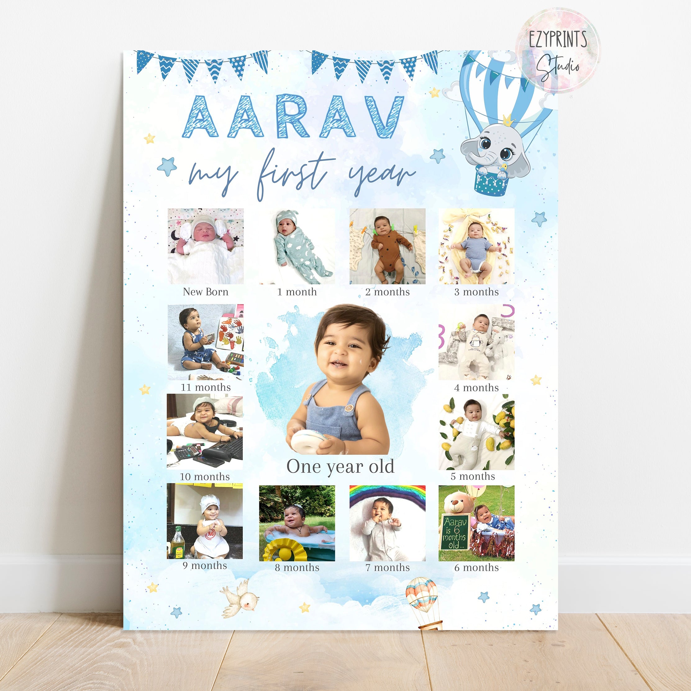 Personalised First Year Photo Collage Board | Elephant Theme