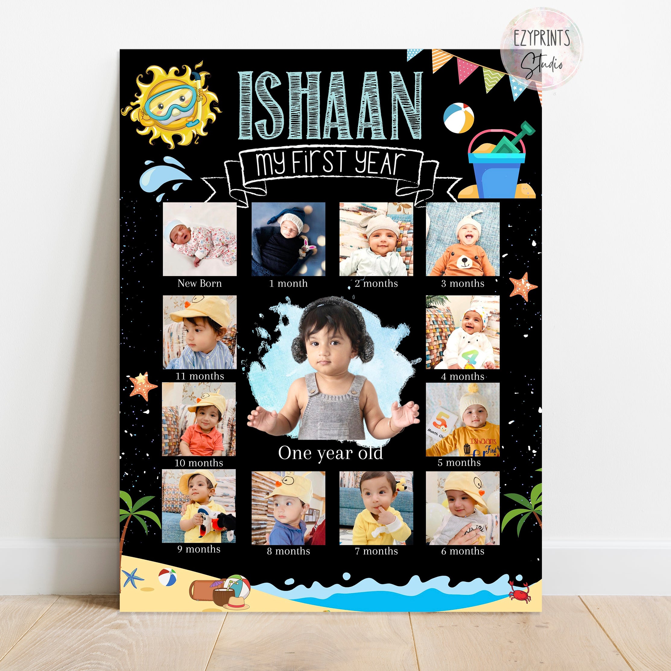 Personalised First Year Photo Collage Board | Beach Theme