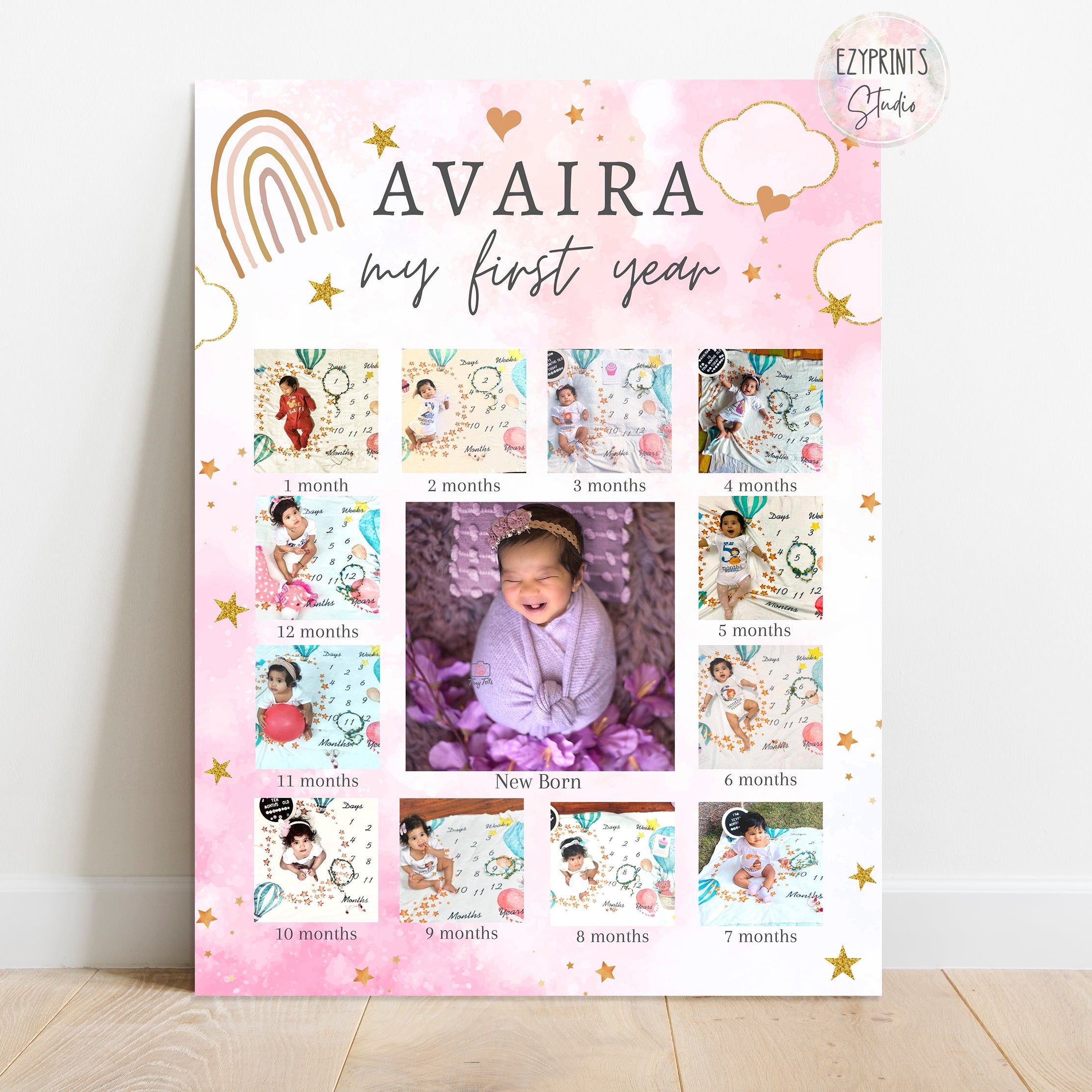 Personalised First Year Photo Collage Board | Boho Stars Theme