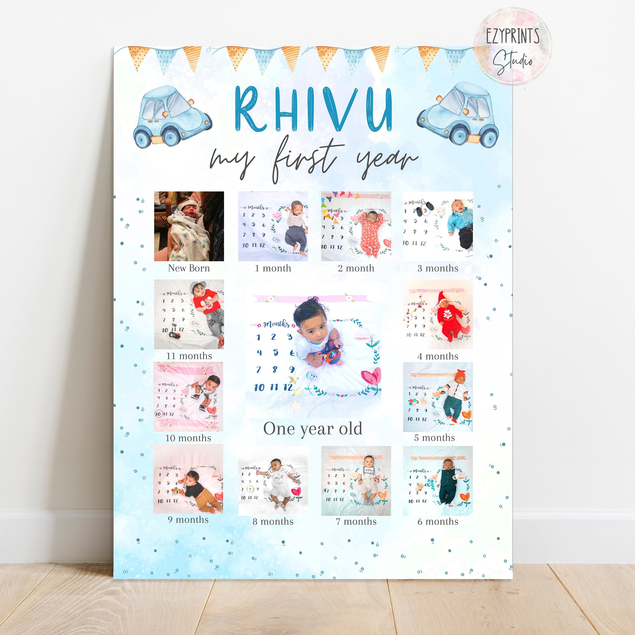 Personalised First Year Photo Collage Board | Boys Theme