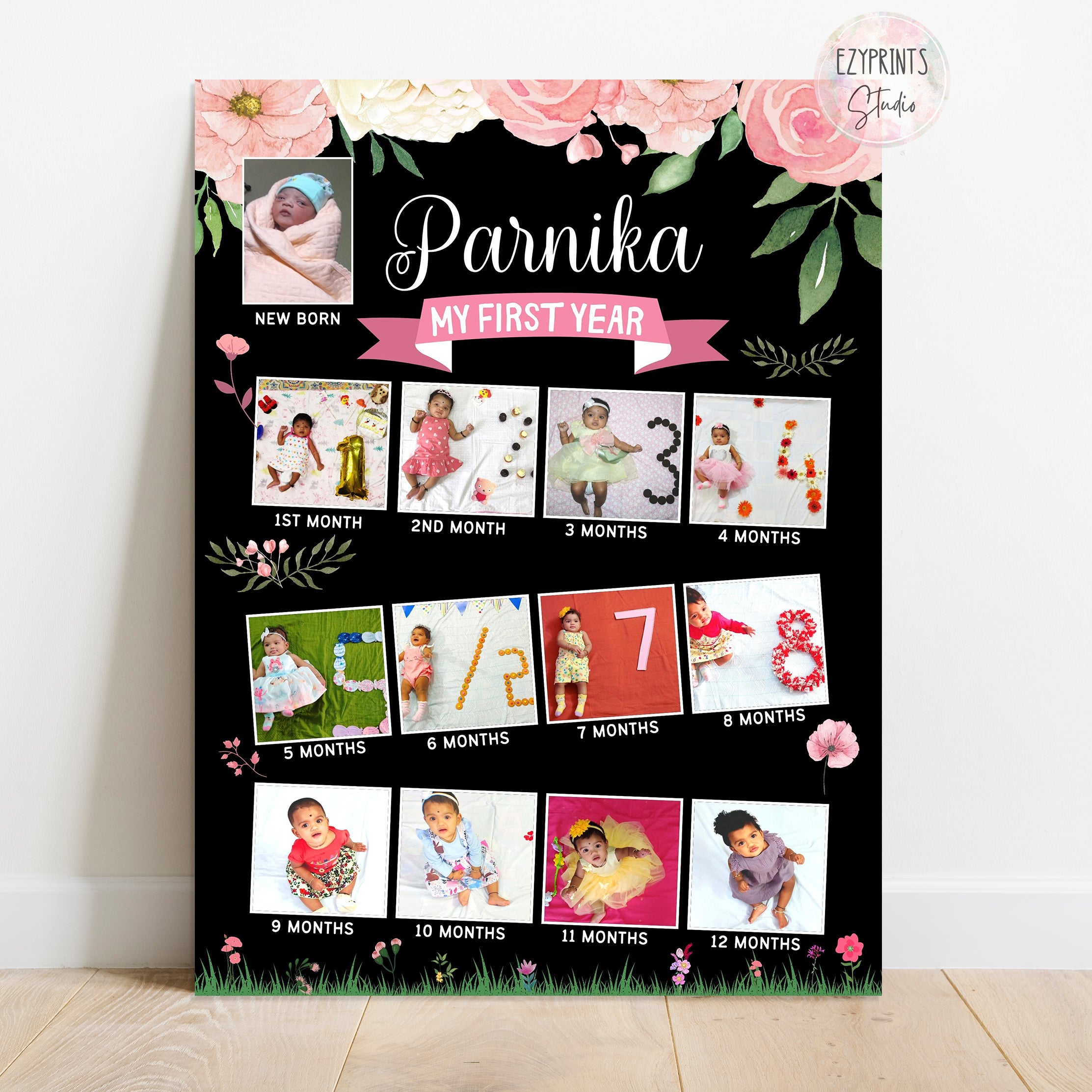 Personalised First Year Photo Collage Board | Floral Pink