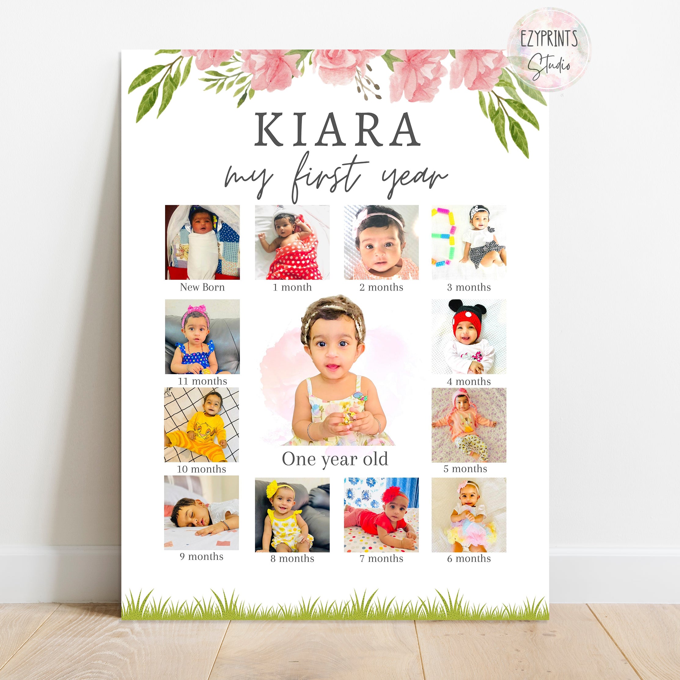 Personalised First Year Photo Collage Board | Girls Pink