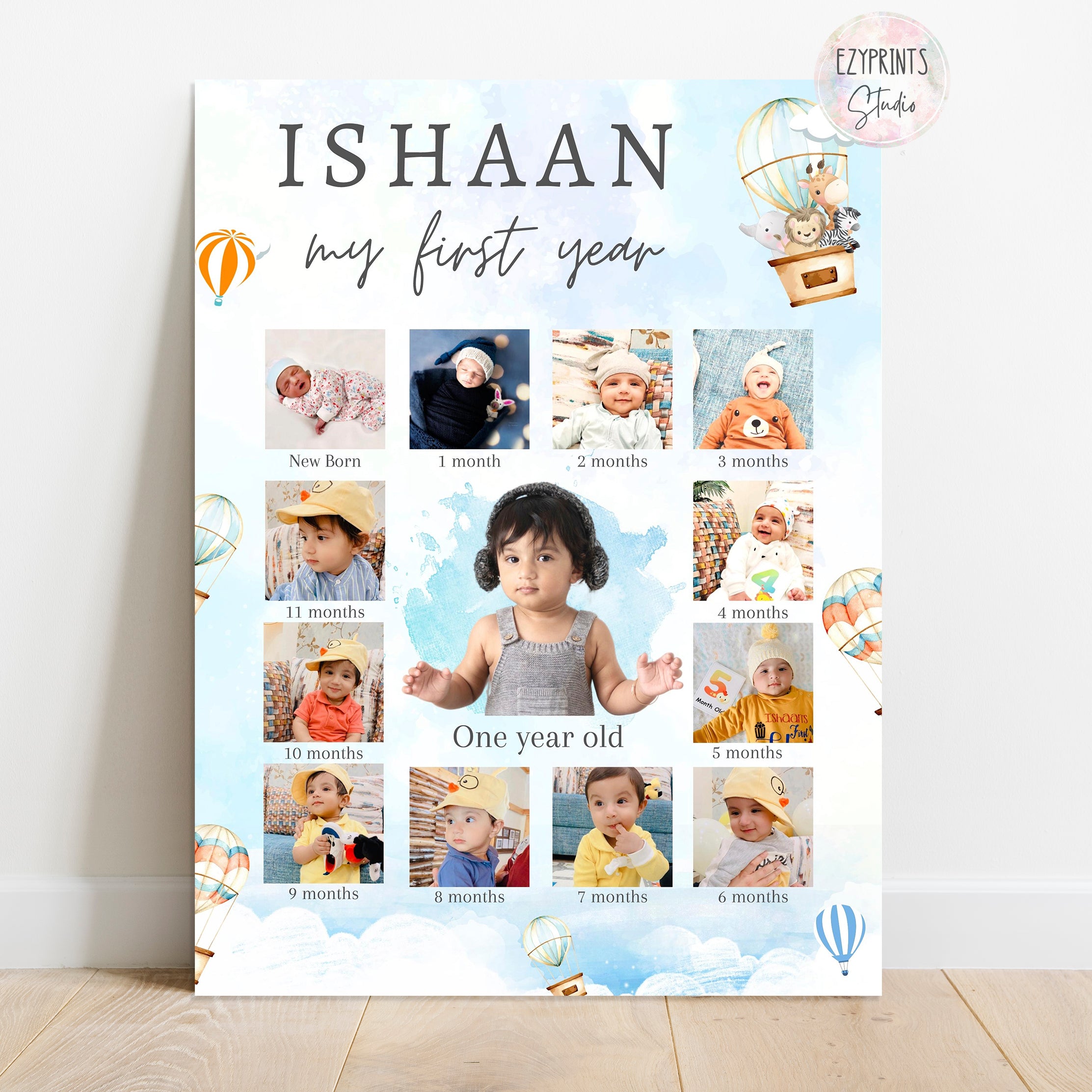 Personalised First Year Photo Collage Board | Hot Air Balloon Theme