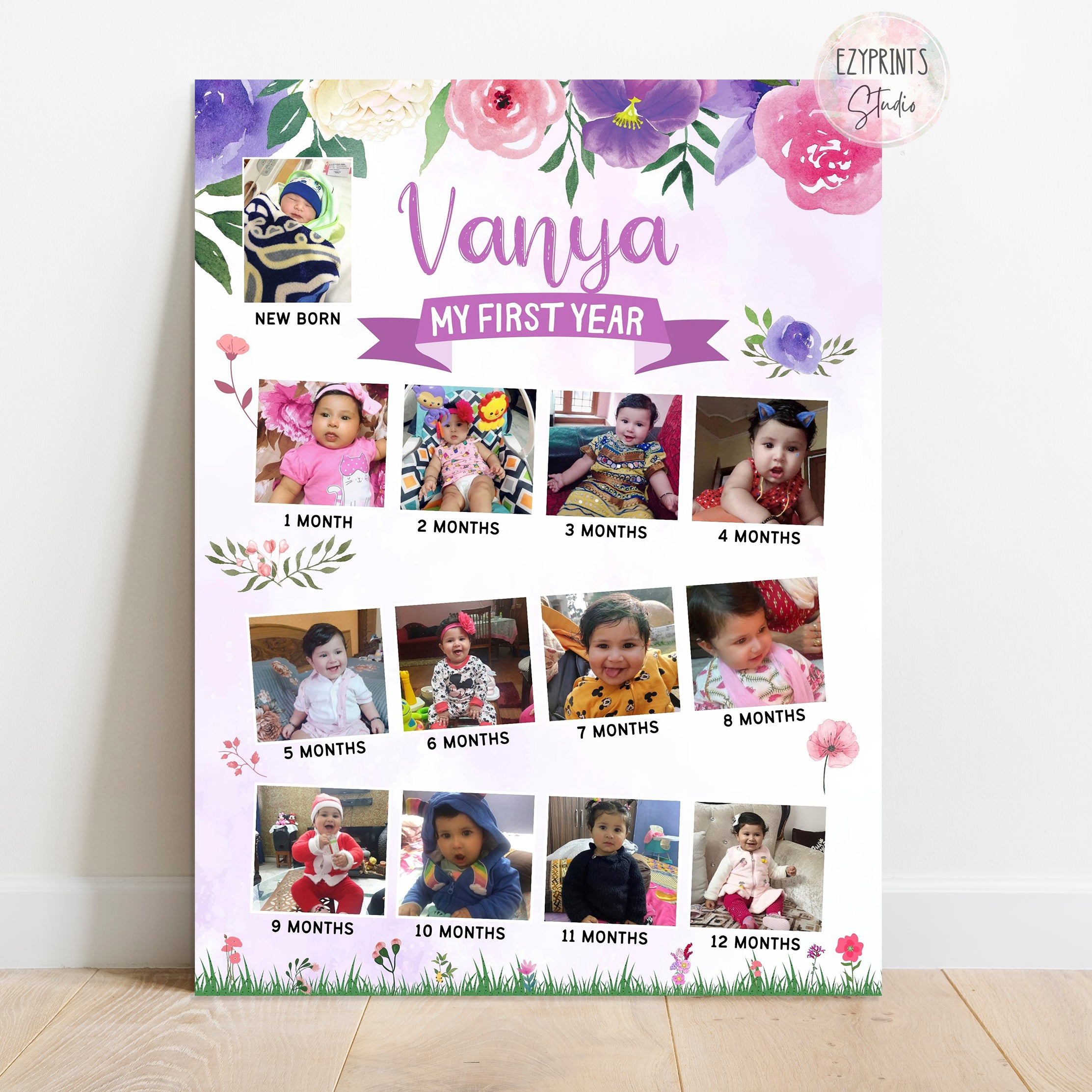 Personalised First Year Photo Collage Board | Purple Theme
