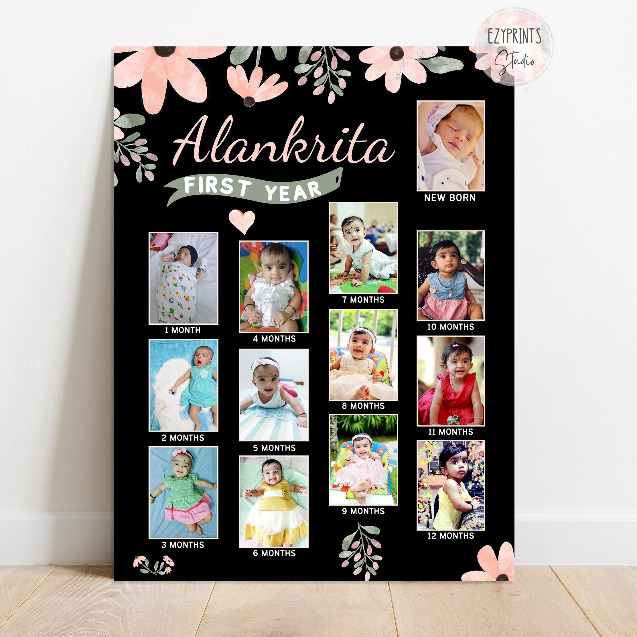 Personalised First Year Photo Collage Board | Peach Flower Theme