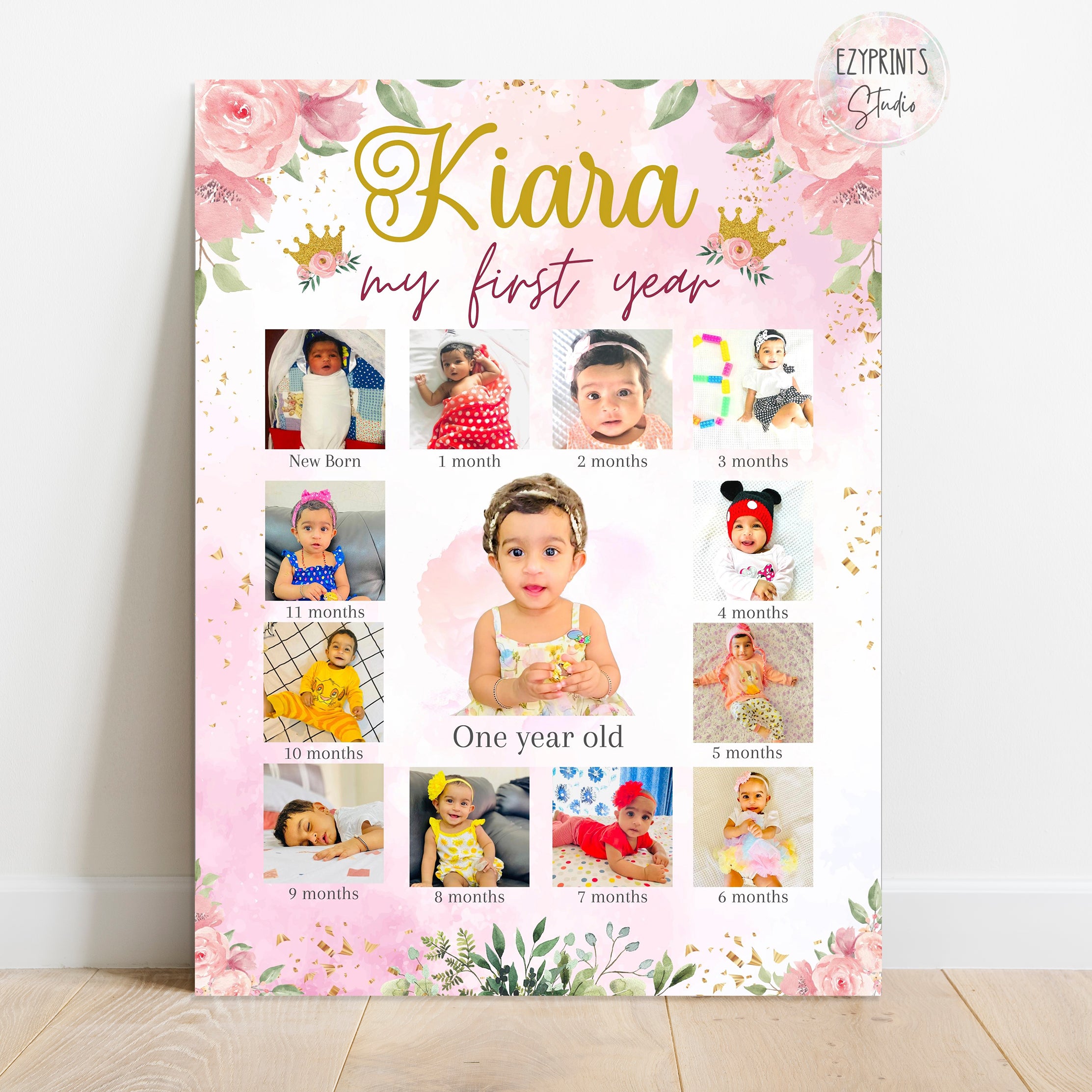 Personalised First Year Photo Collage Board | Pink Girls Theme