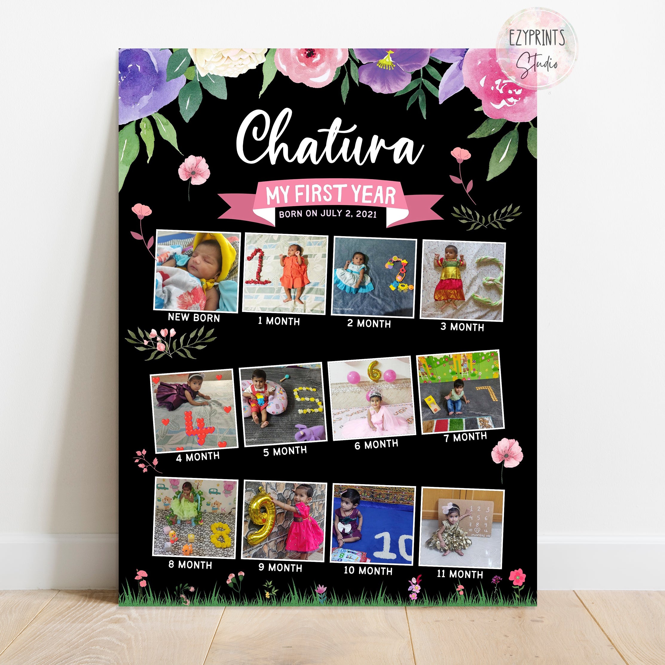 Personalised First Year Photo Collage Board | Purple Flowers Theme