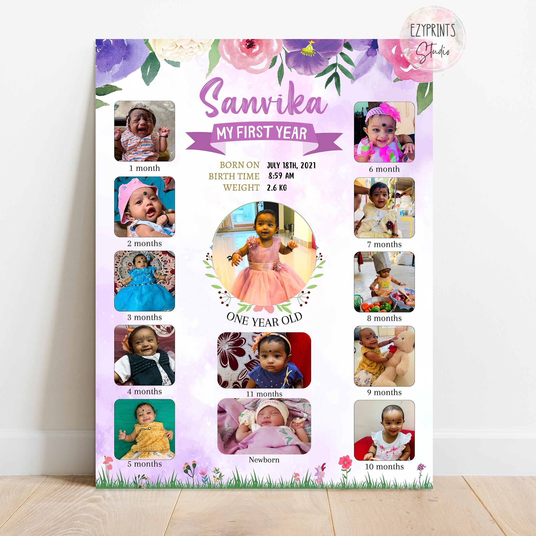 Personalised First Year Photo Collage Board | Lilac Flowers Theme