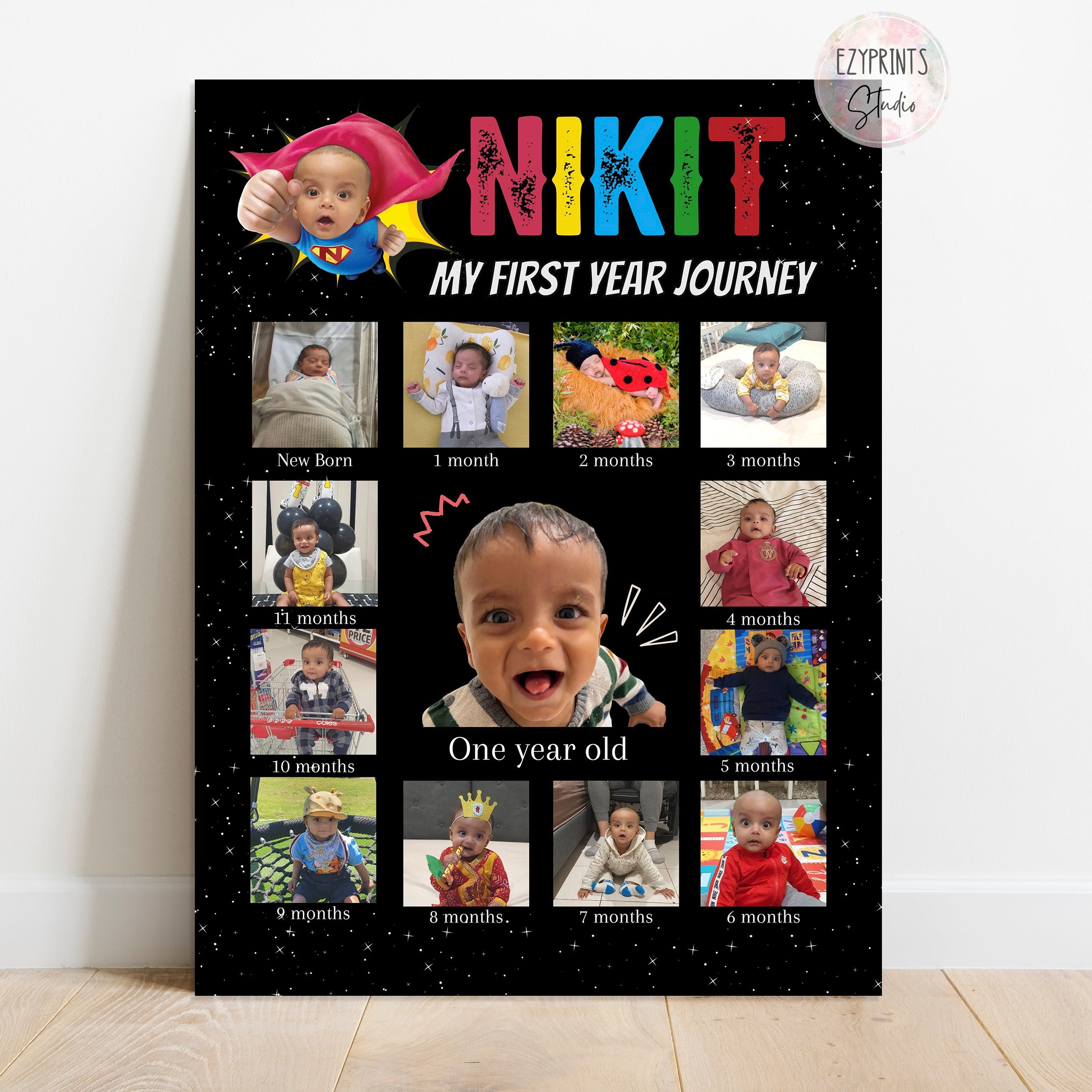Personalised First Year Photo Collage Board | Superhero Theme