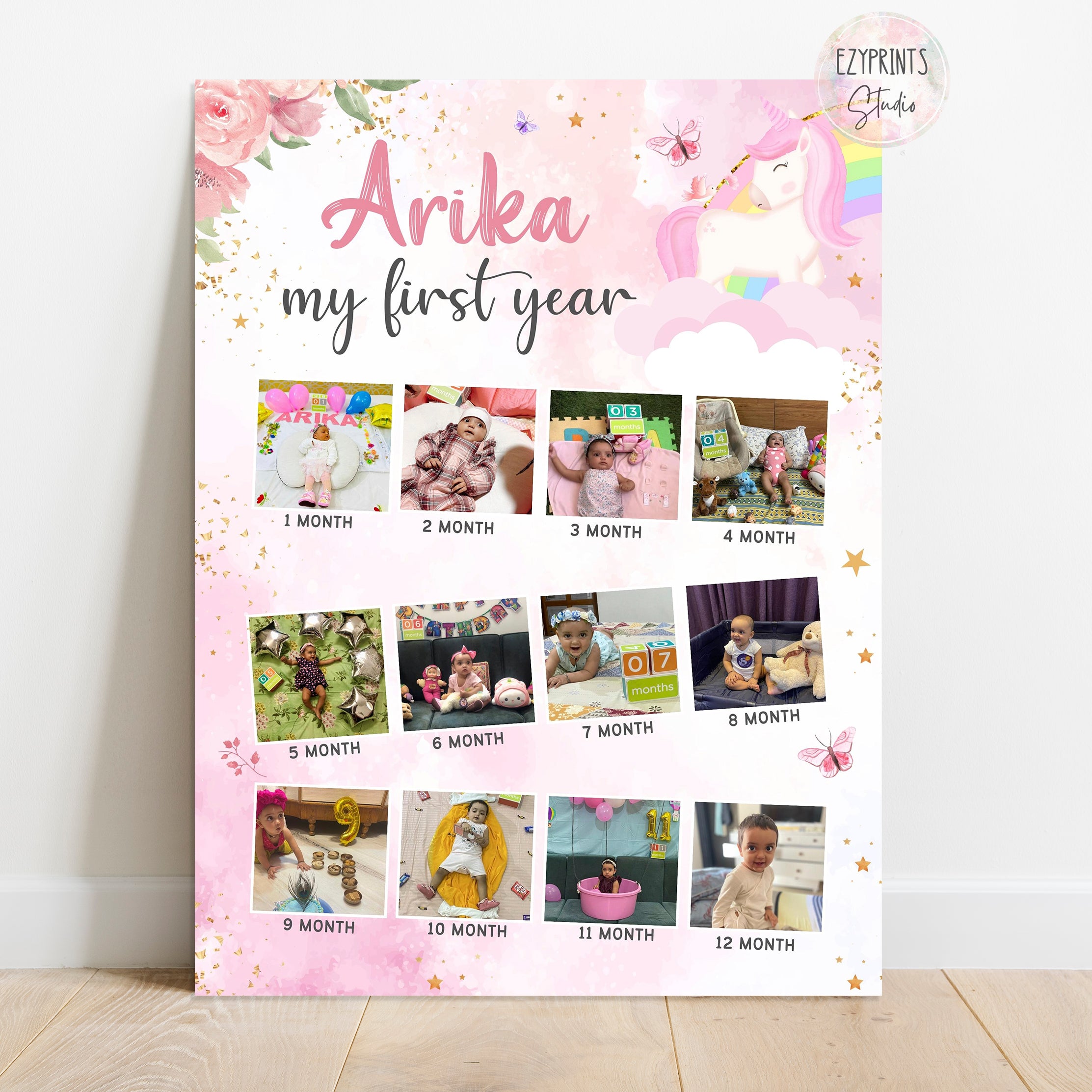 Personalised First Year Photo Collage Board | Unicorn Rainbow Theme