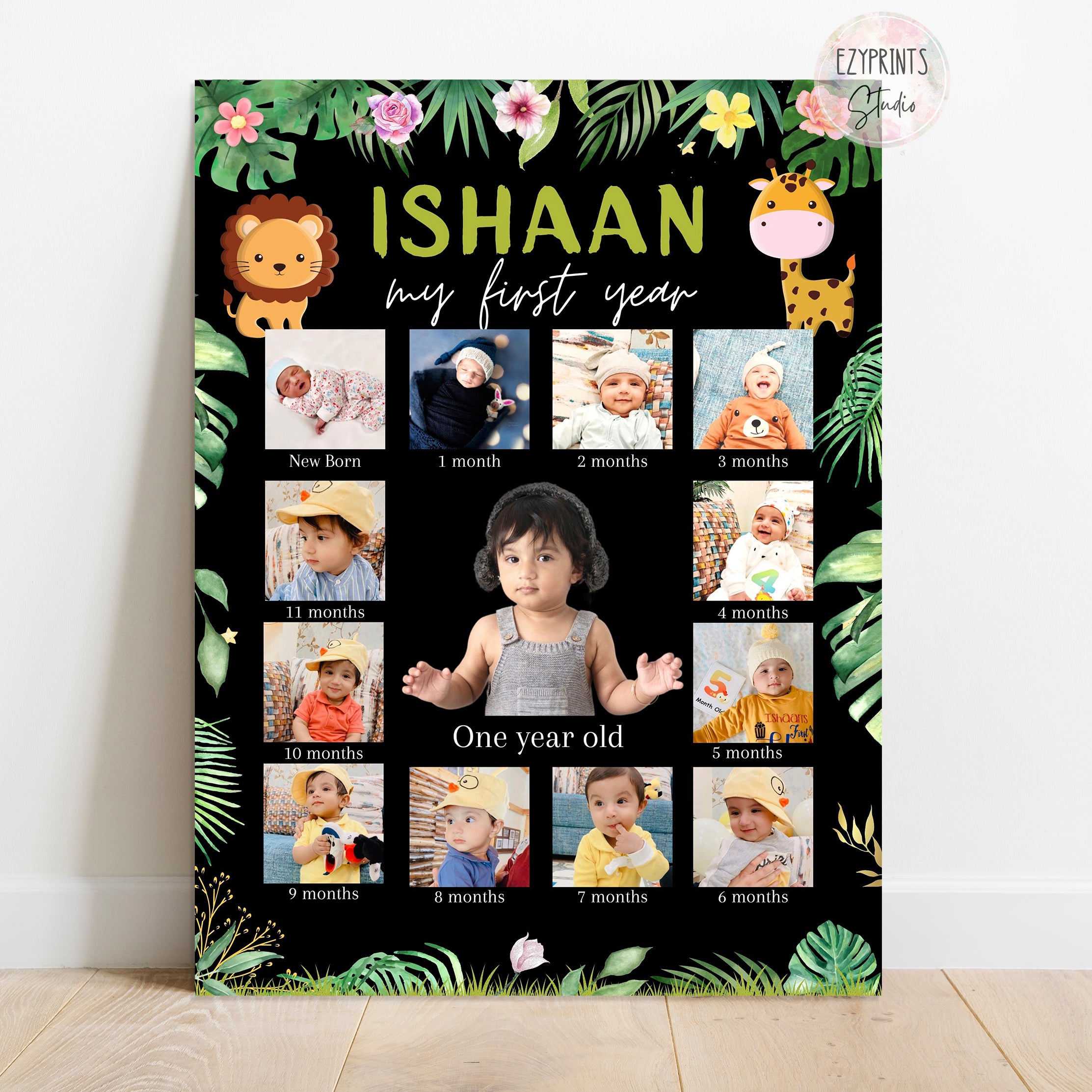 Personalised First Year Photo Collage Board | Jungle Safari Theme
