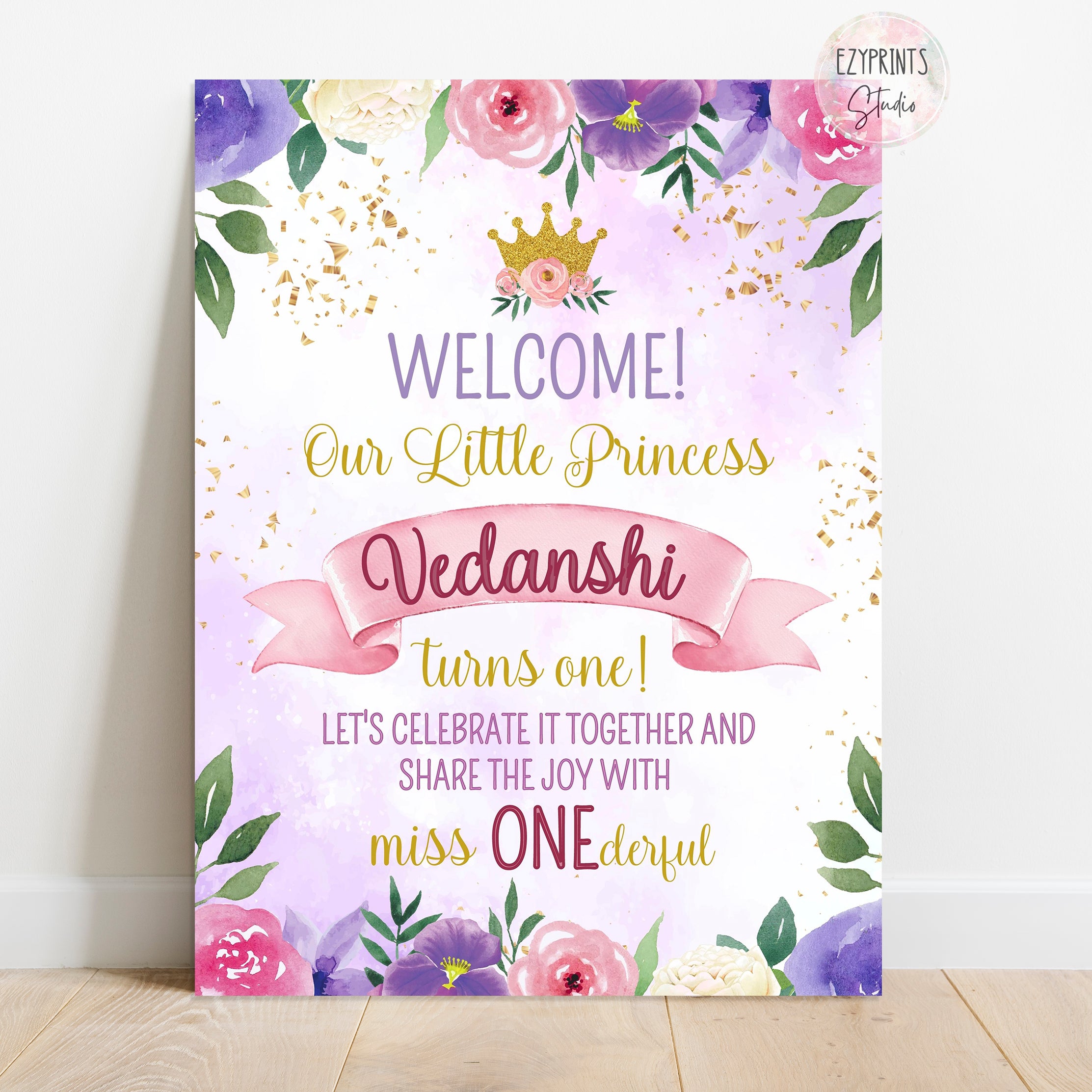 Princess Crown Flowers Birthday Party Welcome Board