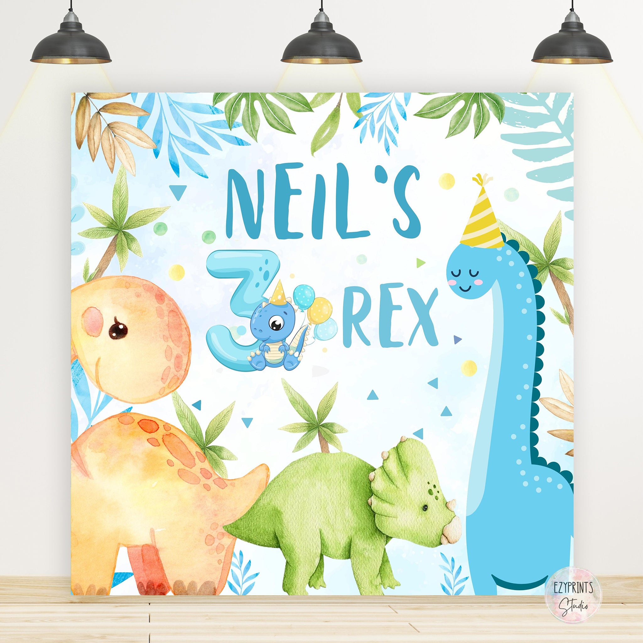 Three Rex Dinosaur Theme Birthday Backdrop